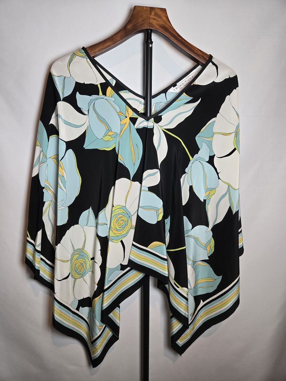 Trina Turk Silk Floral Handkerchief Poncho Top Kaftan Blouse